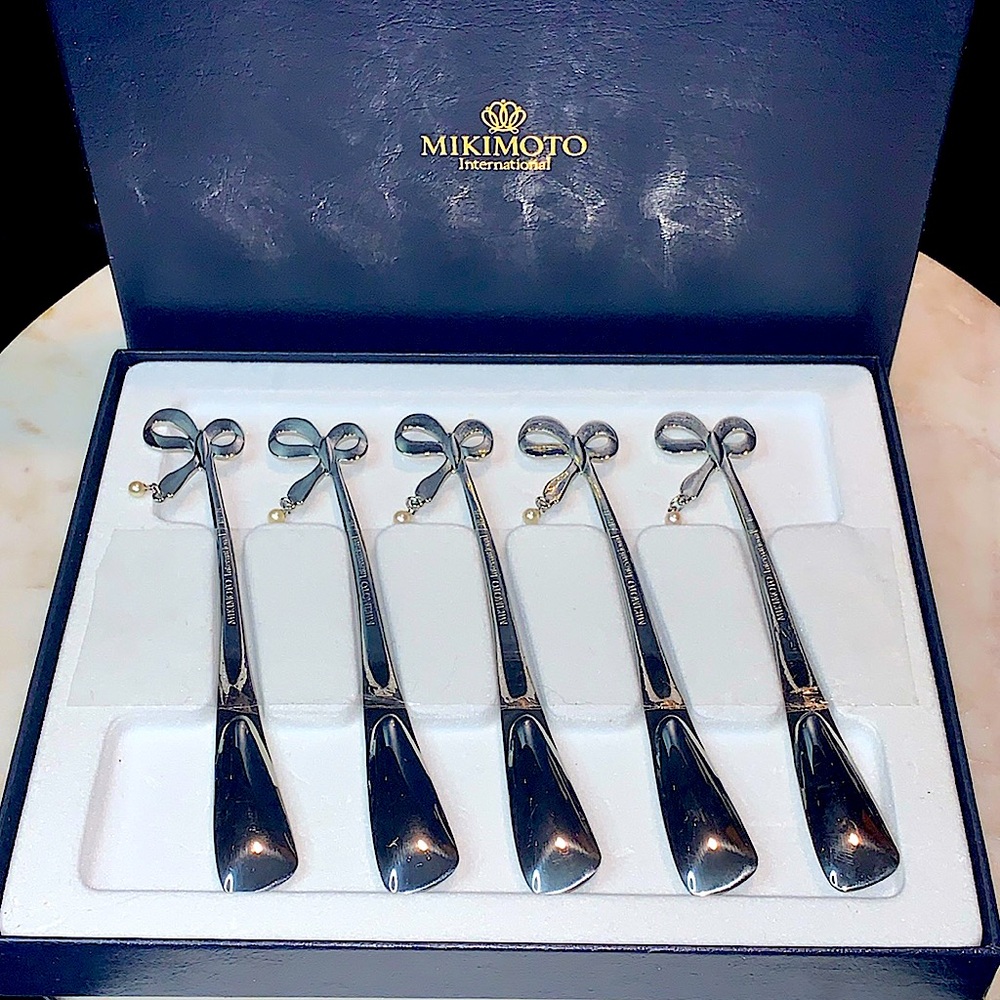 MIKIMOTO INTERNATIONAL MUDDLERS COCKTAIL SPOONS PEARL SILVER  SET OF 5 NEW
